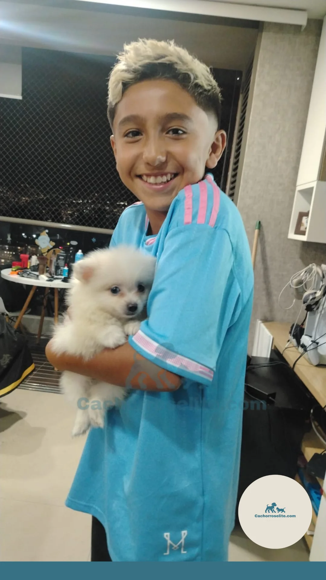 persona feliz con cachorro pomerania mini blanca Clientes felices cachorroselite